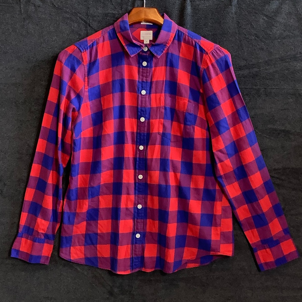 J.CREW Women's Red/Blue Check Cotton Long Sleeve Button-Down‎ Boy-Fit Shirt Sz S